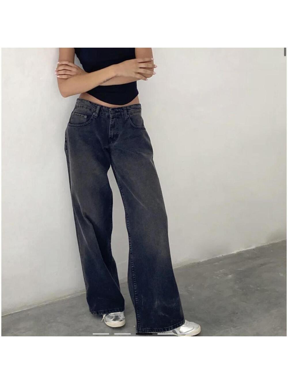 MOTEL ROCKS 100% cotton Roomy Extra Wide Low Rise Jeans In Washed Black Grey